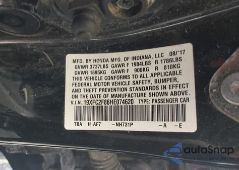 2017 Honda Civic Ex z USA, uszkodzony, nr VIN 19XFC2F86HE074620